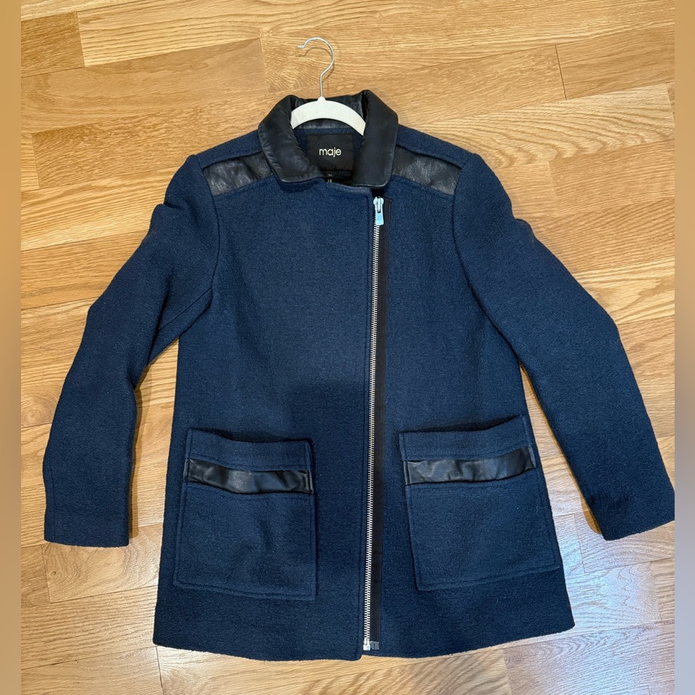 Maje navy coat with leather trim, size 36